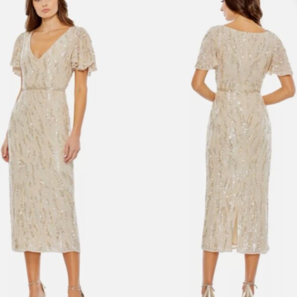 MAC DUGGAL 93591 SEQUINED V-NECK FLUTTER SLEEVE TEA LENGTH OYSTER SHEAT DRESS 8 - Picture 1 of 5